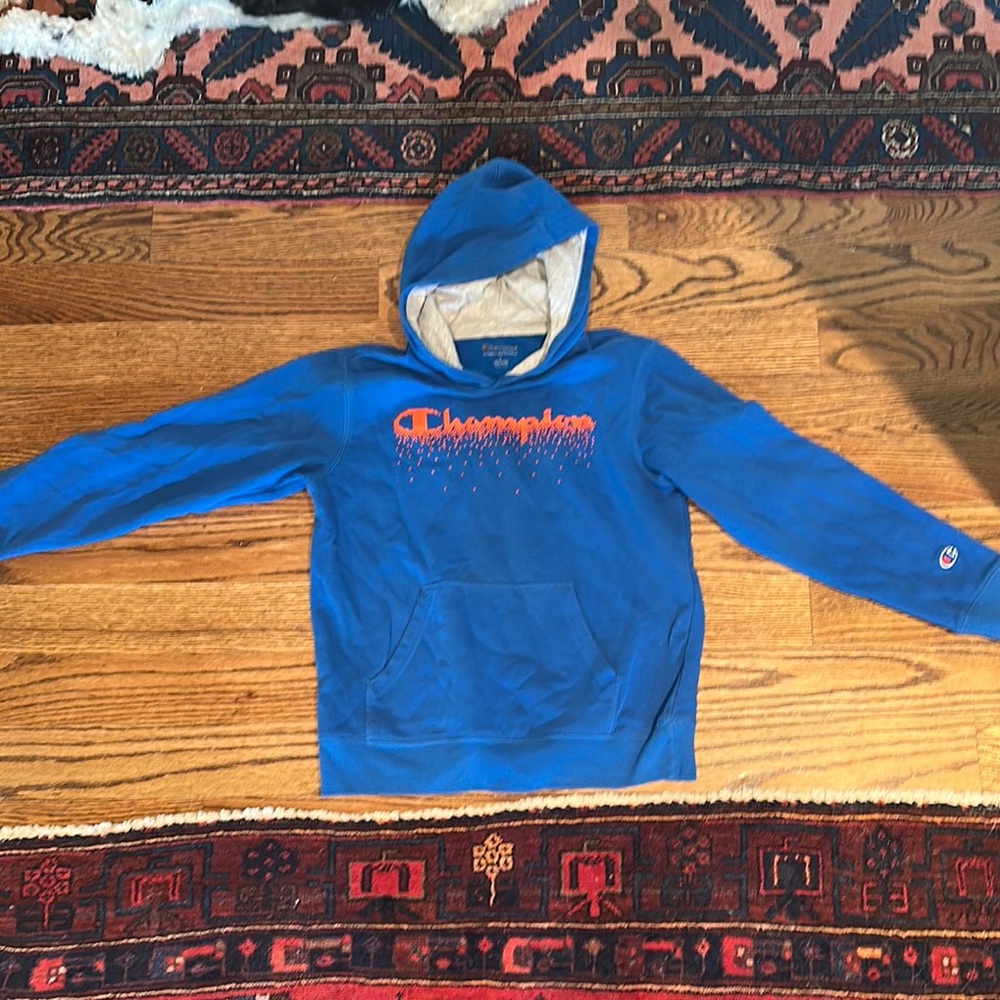 Champion Blue Hoodie with Orange Logo